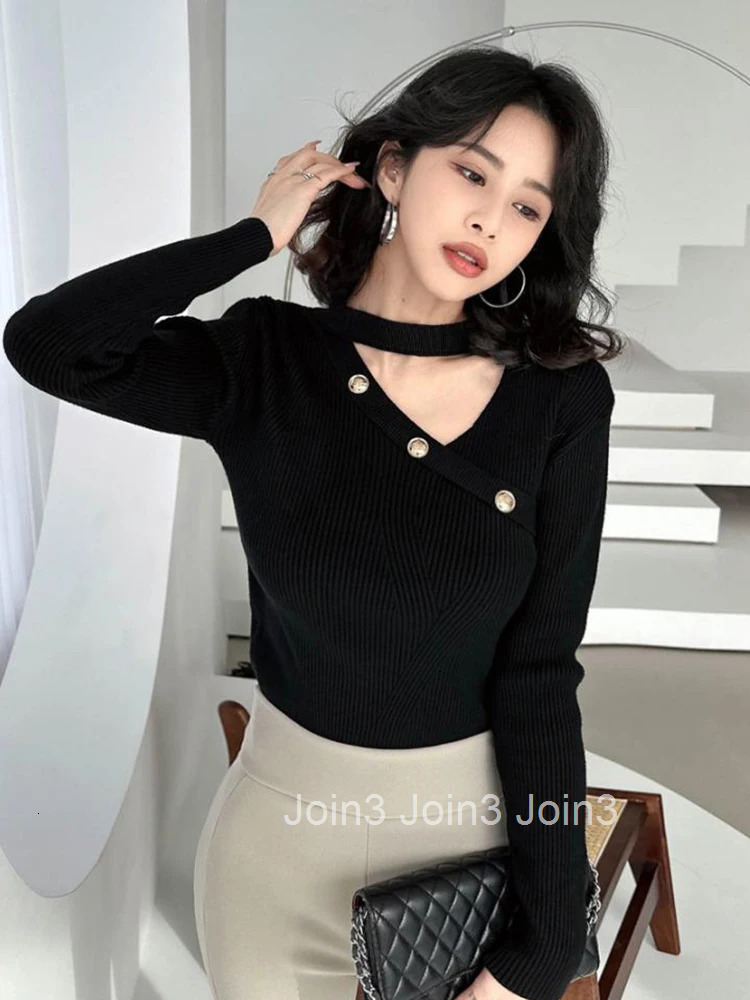 Fashion Autumn Winter Knitted Shirt Mujer Women Ladies Sweater Black Chic Hollow O-Neck Long Sleeve Skinny Stretchy Clothes Tops