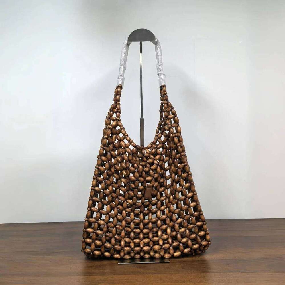 Wooden Bead Handmade Woven 2025 New Retro Design Bags Women's Hollow Out Seaside Travel Hand-held Shoulder Underarm Bag