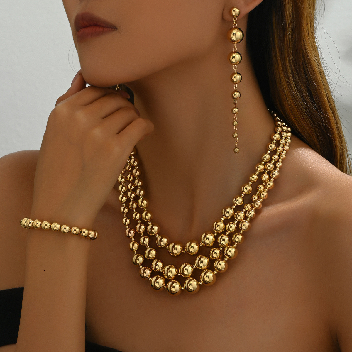 Spicy Girl Style Women's Necklace and Earrings Jewelry Set Beaded Multi-layer Clavicle Chain Hand Accessories