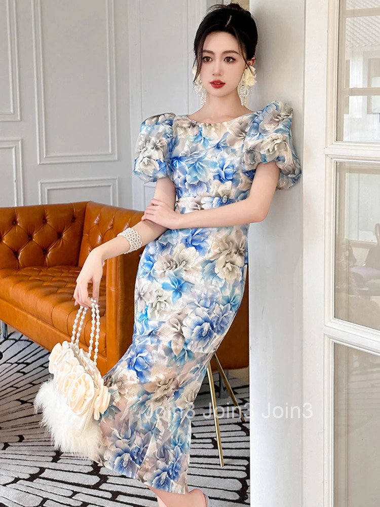 New Summer Elegant Women Evening Dress Retro Blue Floral Puff Sleeve Slim Midi Party Beach Prom Mujer Robe Femme Vestidos Fiesta