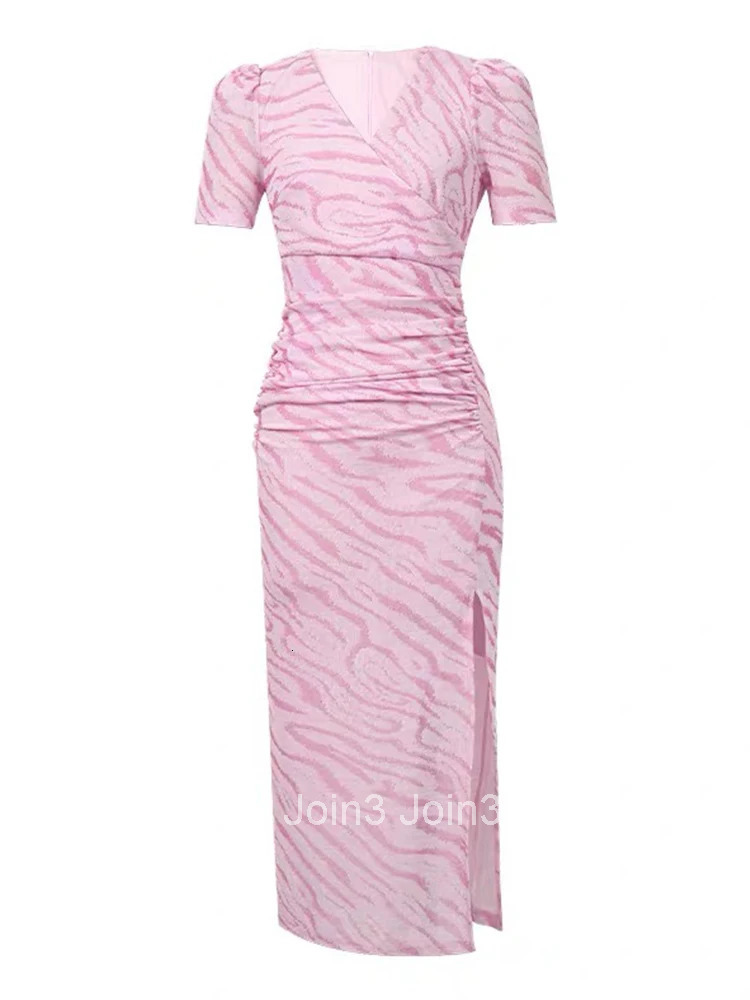 Summer Sweet Pink Striped Stretchy Dress Women Casual Elegant Sexy V-Neck Short Sleeve Skinny Slit Midi Vestidos Street Clothes