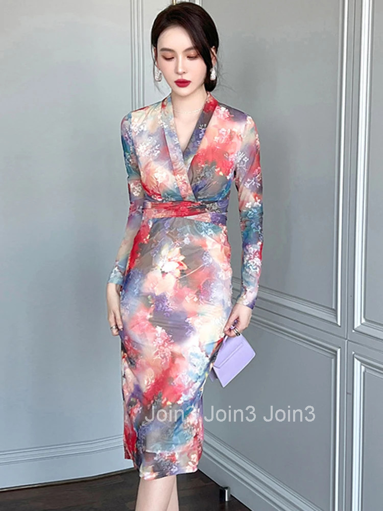 Elegant Dress For Women 2022 V-Neck Floral Mesh Lace-up Midi Club Lady Coffee Break Robe Bodycon Skinny Runway Female Dress Slit