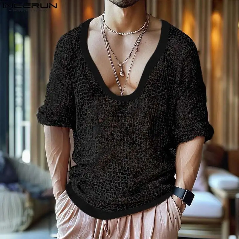 INCERUN Men T Shirts V Neck 3/4 Sleeve Mesh Transparent Sexy Casual Camisetas Streetwear Hollow Out Fashion Men Clothing 250616