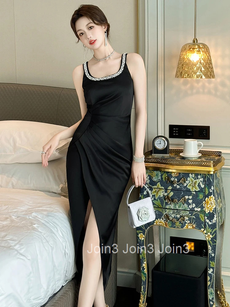 Summer Fashion Satin Black Elegant Luxury Retro Evening Dress Women Clothes Sexy Sleeveless Slim Party Club Prom Vestidos Fiesta