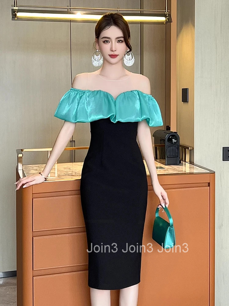 New Summer Mesh Splic O-Neck Gown Evening Dress Women Clothes Elegant Ruffle Sexy Off-Shoulder Skinny Party Club Prom Vestidos