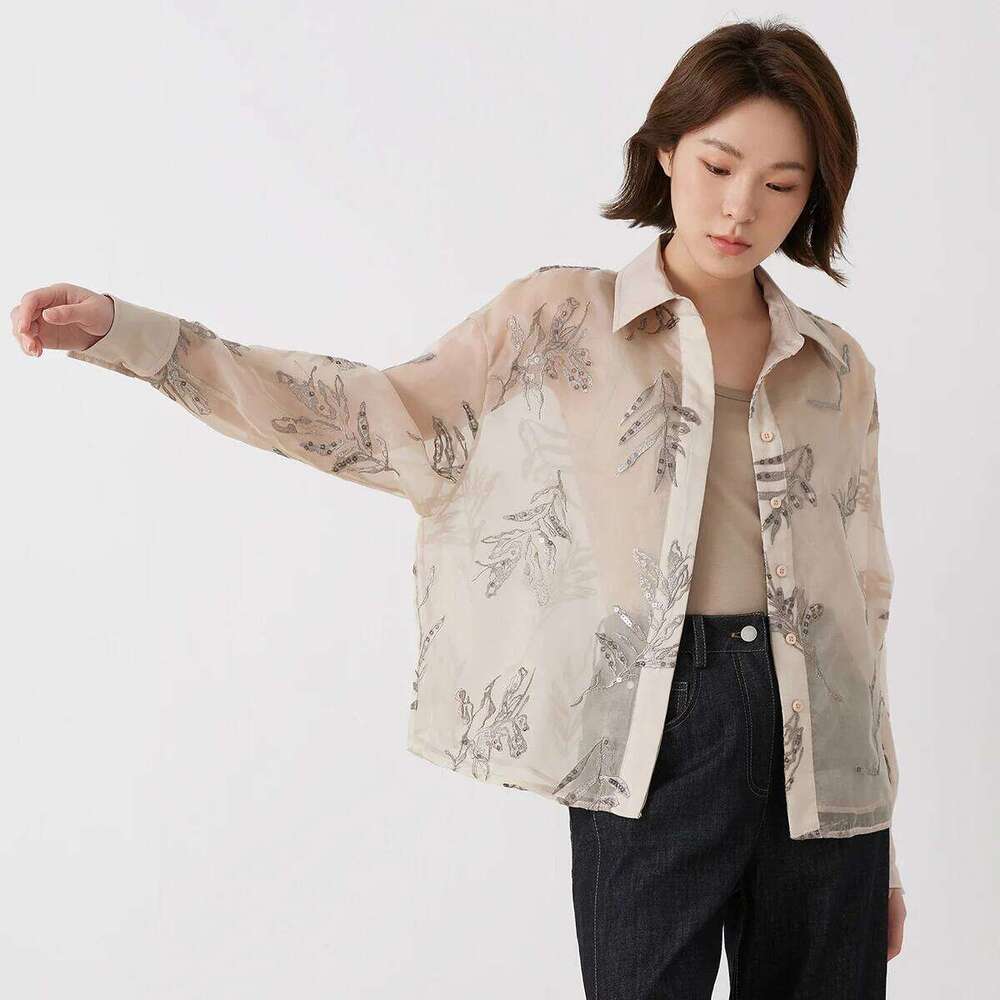 K3014w Lapel 100% Silk Blouse Embroidery Sequin Advanced Ready To Wear Clothing