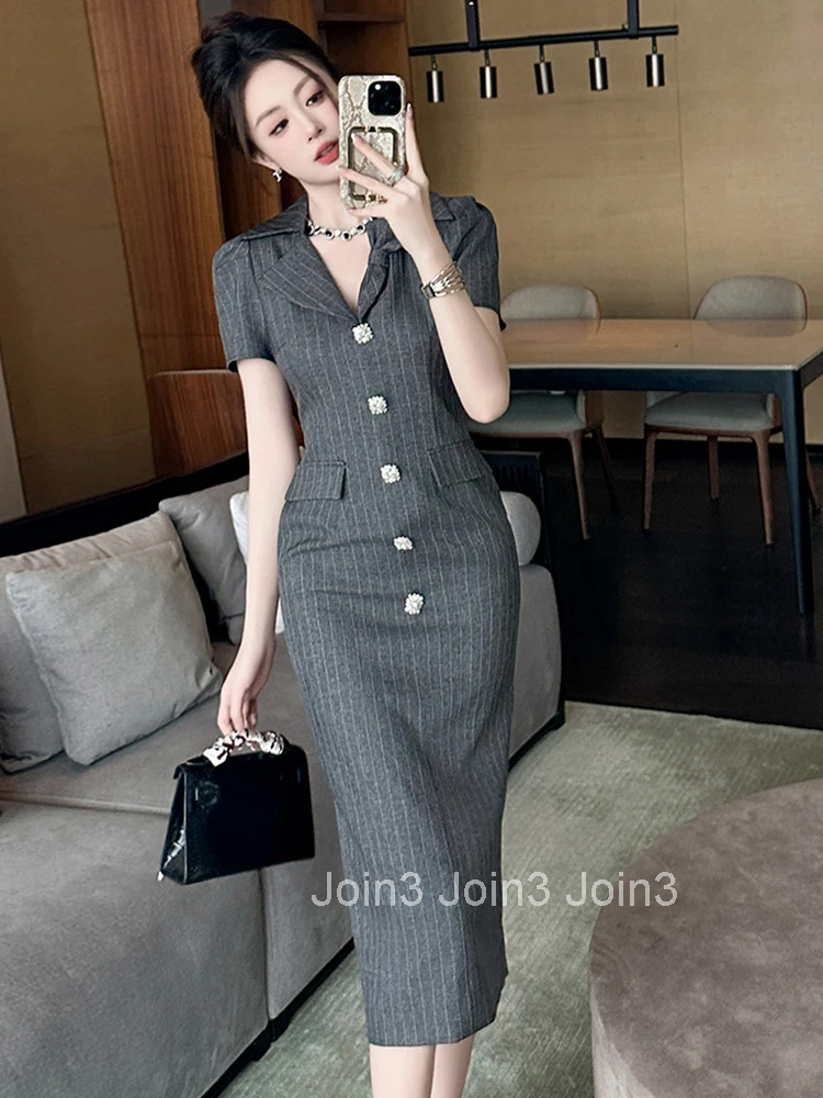 Summer Retro Gray Striped Formal Occasion Dress Women Clothes Commute Elegant Office Lady Short Sleeve Slim Midi Pencil Vestidos