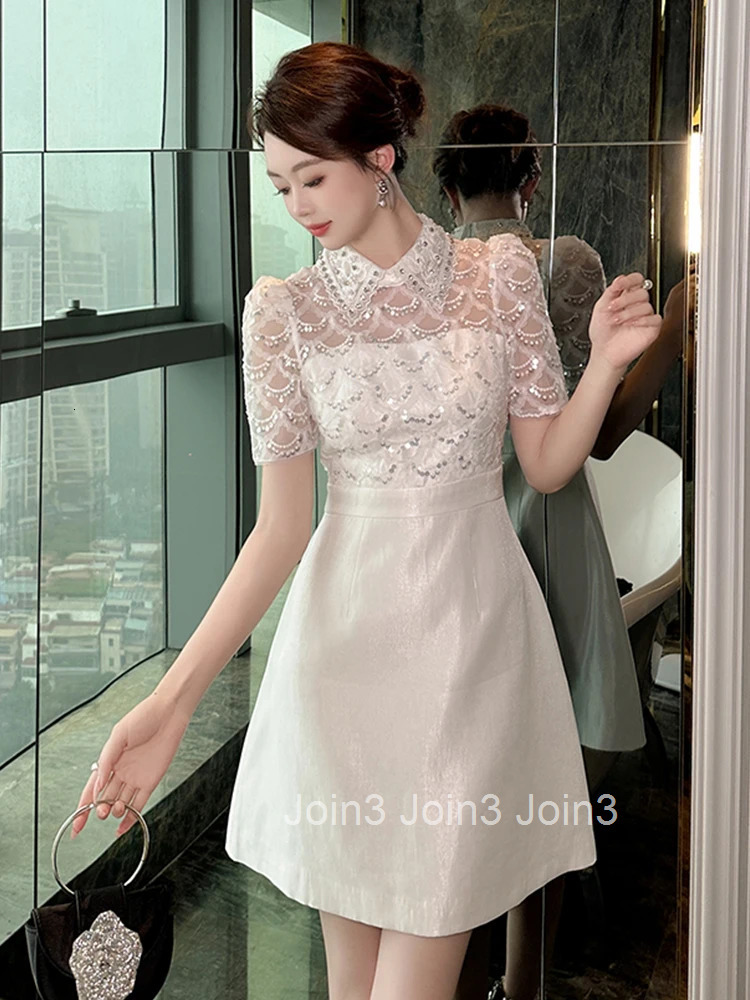 Summer White Satin Elegant Luxury A-Line Short Dress Women Clothes Retro Sequin Sheer Sexy Puff Sleeve Slim Party Prom Vestidos