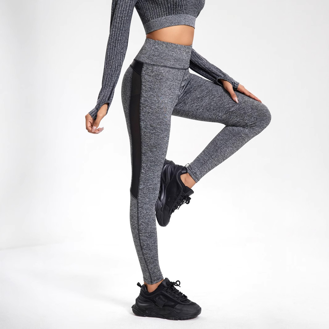Mesh splicing leather sexy breathable sweat-absorbing yoga pants sports fitness casual leggings