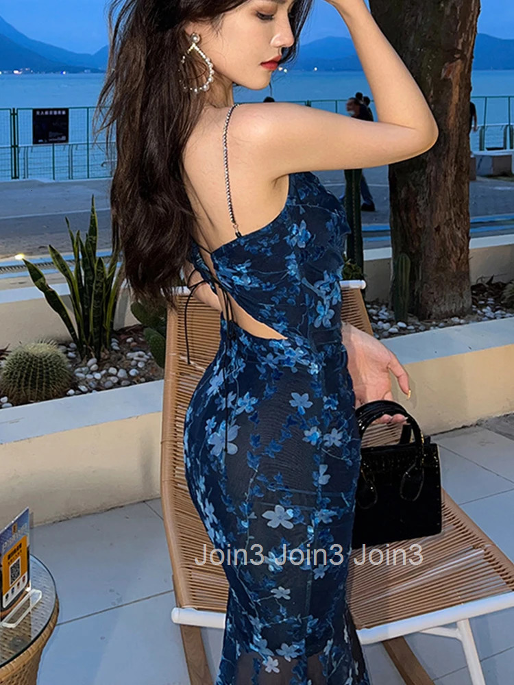 Mesh Women Evening Dress Retro Sheer Floral Strap Backless Bandage Slim Midi Party Club Beach Robe Femme Mujer Vestidos Summer