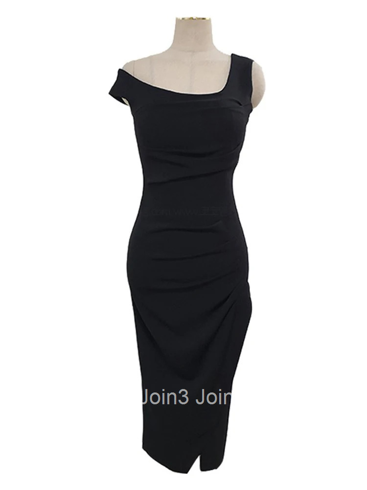 New Summer Fashion Women Evening Dress Chic Black Sexy Asymmetrical Neck Slim Midi Pencil Party Club Prom Birthday Mujer Vestido