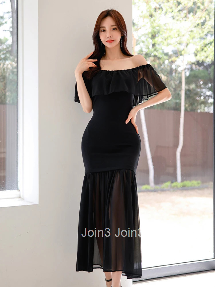 Fashion Lady Black Vacation Evening Dress Women Clothes Elegant Ruffle Sexy Off-Shoulder Slim Long Maxi Party Prom Vestidos Robe