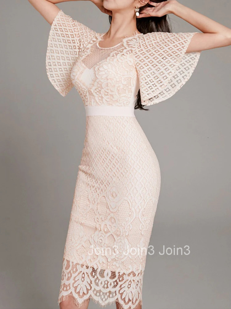 New Summer Fashion Elegant Women Evening Dress Temperament Chic Lace Sheer Sexy O-Neck Slim Midi Party Club Prom Mujer Vestidos