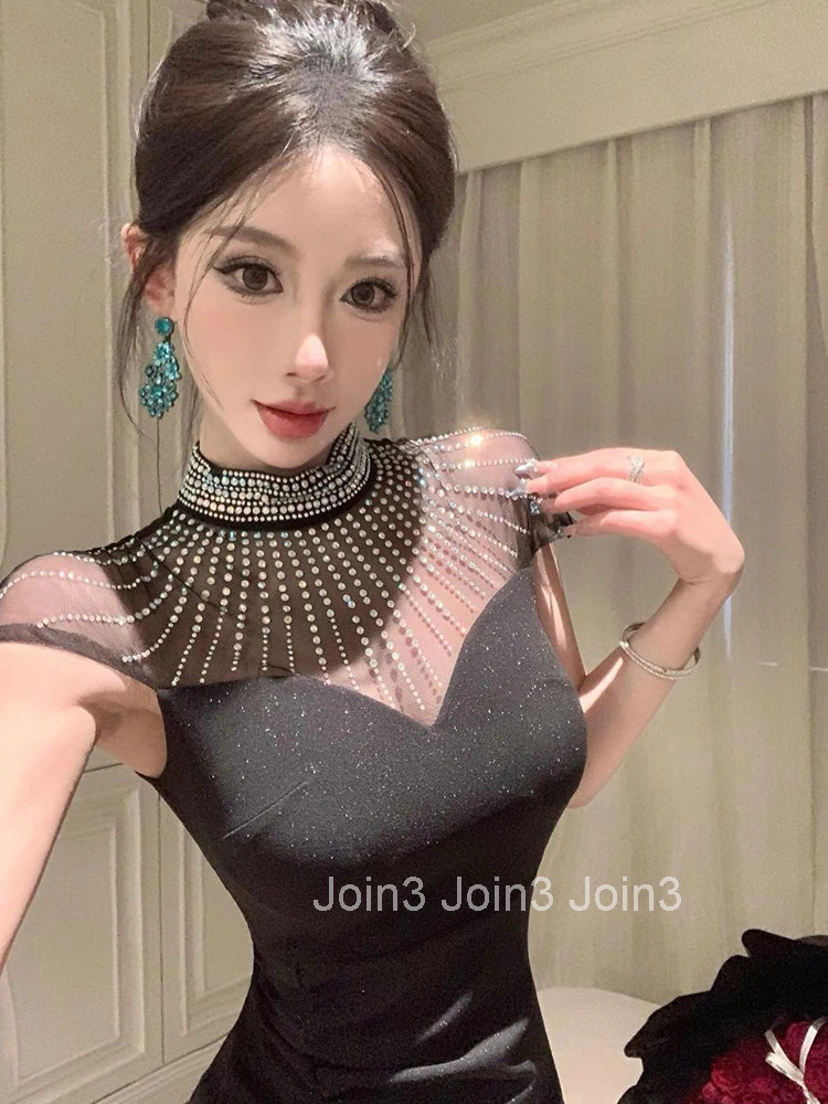 Women Clothes Black Shiny Sheer Sexy Short Sleeve Skinny Maxi Long Dress Elegant Luxury Fashion Party Club Prom Vestido Robe New