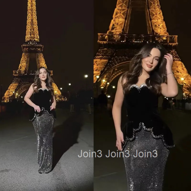 Womens Black Bandage Dress Strapless Sheer Mesh Skirt Sequin Embellished Beaded Waist A-Line Evening Gown Formal Party Wear