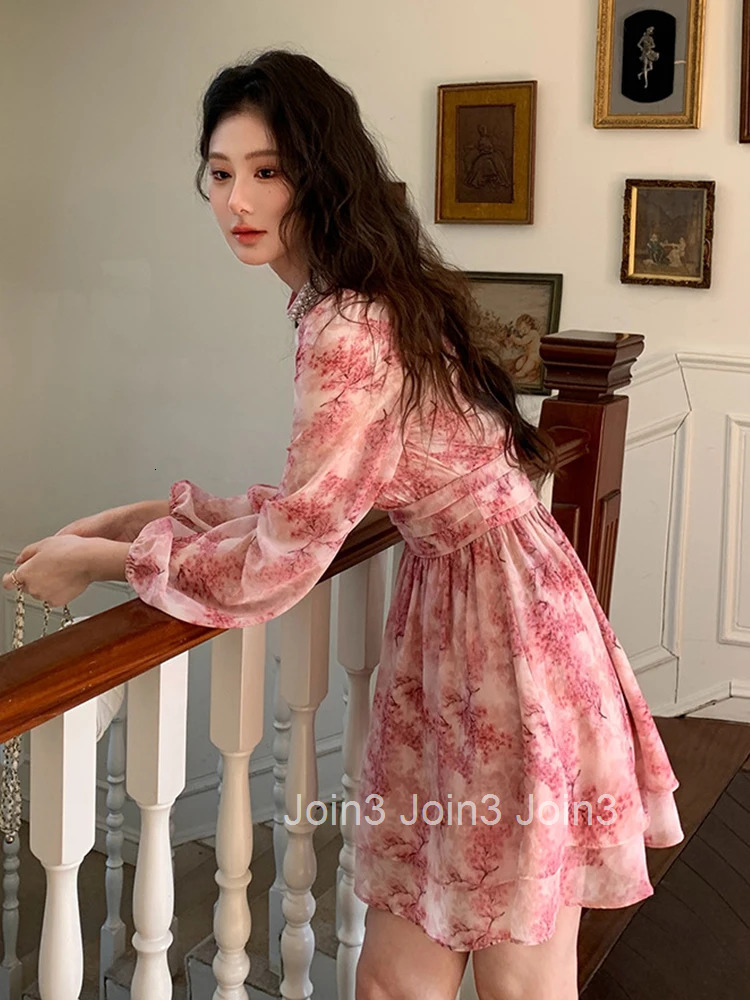 Women Vacation Clothes Sweet Pink Chiffon Floral Print O-Neck Slim Mini Short A-Line Dress Elegant Fashion Party Vestidos Casual