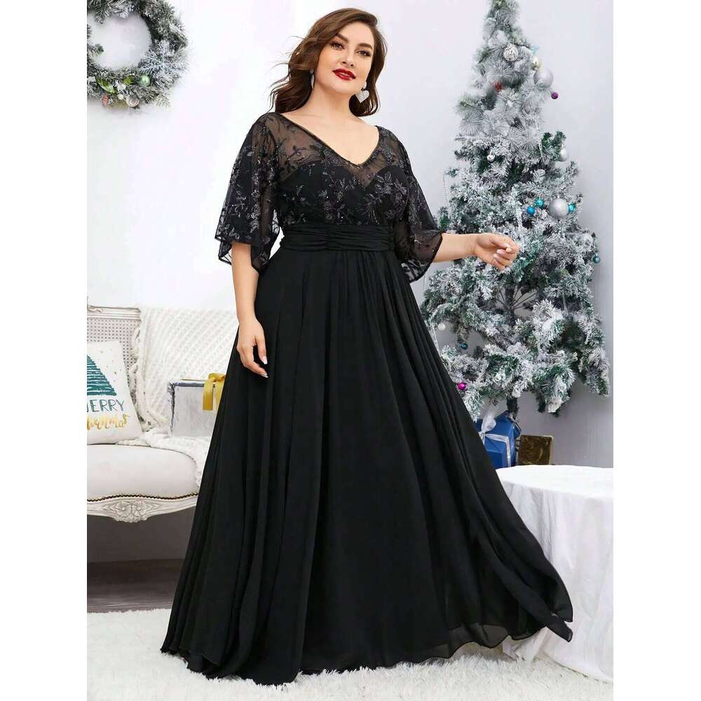 Mgiacy Plus Sizev-Neck Sequin Embroidered See-Through Large Trumpet Sleeve Patchwork Chiffon Full Skirt Evening Gown Ball Dress