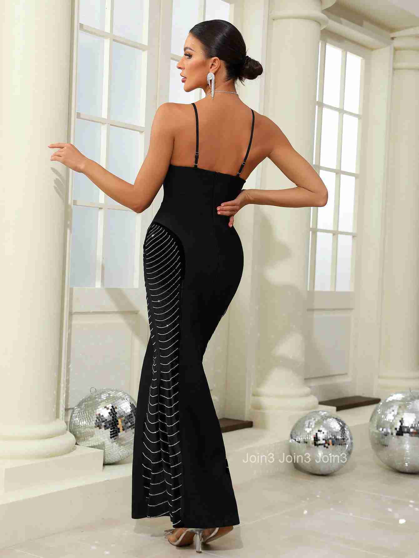 Hot Autumn Simple Fashion Black Bandage Dress Chic Womens Clothing Diamond Chain Tassel Design Long Vestidos Evening Party Wear