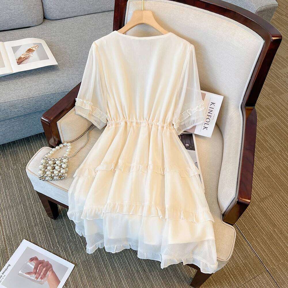 Plus-Size Women's Summer Casual Commuting Loose And Comfortable Black Apricot V-Neck Lace-Up Short-Sleeved Dress Clothes