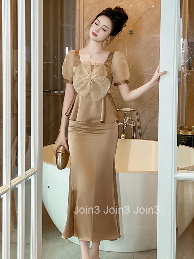 Fashion Summer Satin 2 Pieces Outfits Women Clothes Elegant Floral Puff Sleeve Tops Shirt Blouse High Waist Midi Skirt Mujer Set