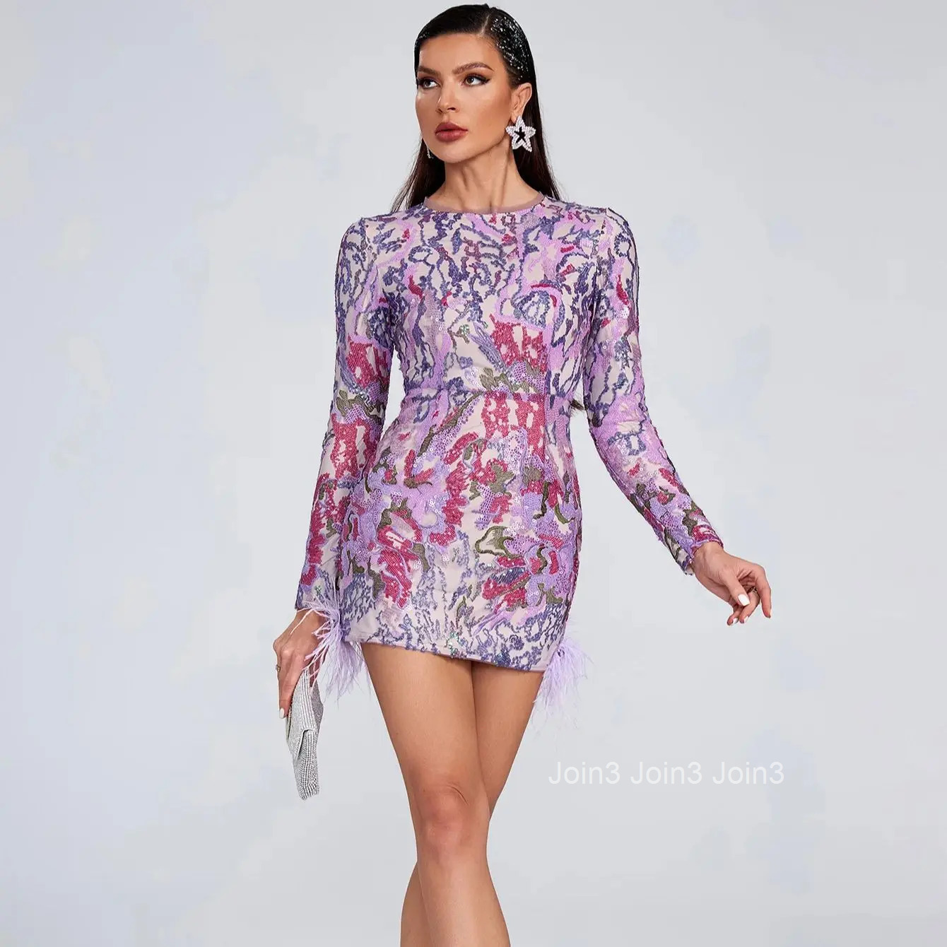 Fashion Womens Clothing Embroidered Sequins Feather Diamond Purple Bodycone Wrapped Hip Dress Elegant Long Sleeves Commute Wear