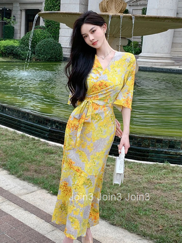 Summer Vacation Long One Piece Dress Women Clothes Elegant Pretty Print Casual V-Neck Lace-up Slim Maxi Beach Robe Mujer Vestido