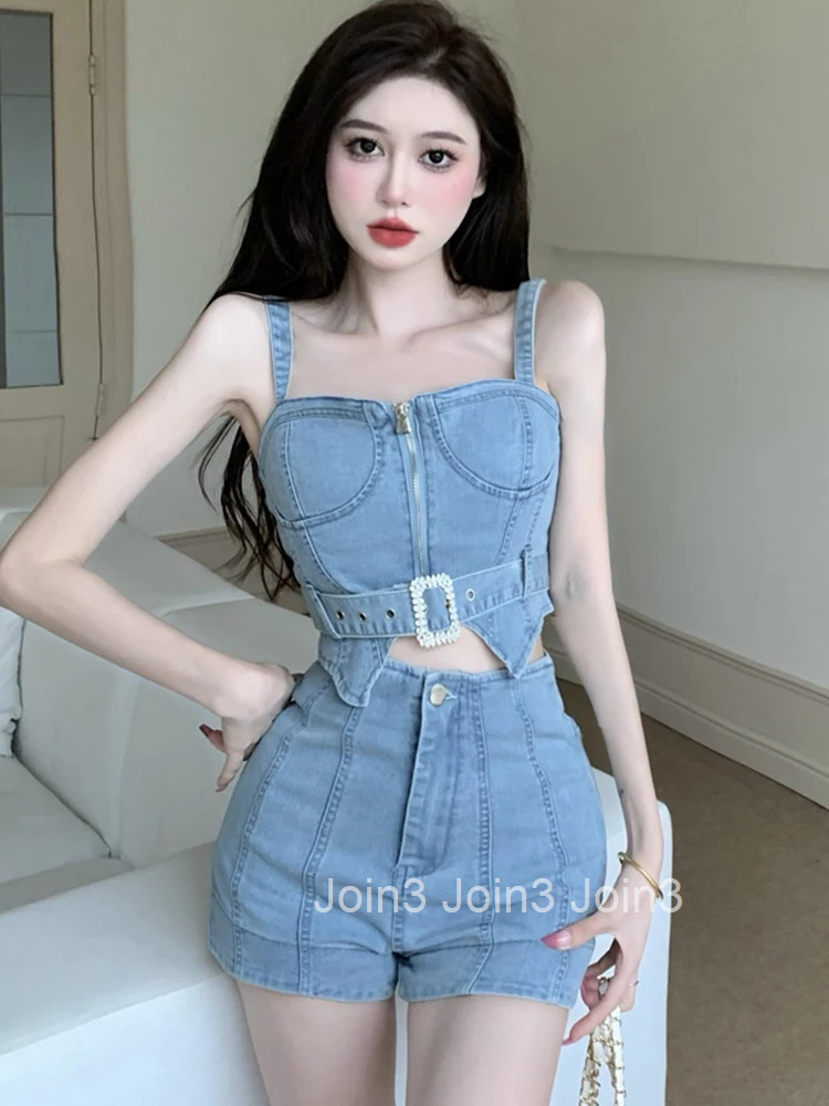Denim Sexy Club 2 Pieces Outfits Women Casual Strap Backless Short Cropped Tops Shirt Blouse Shorts Femme Mujer Slim Sets Summer