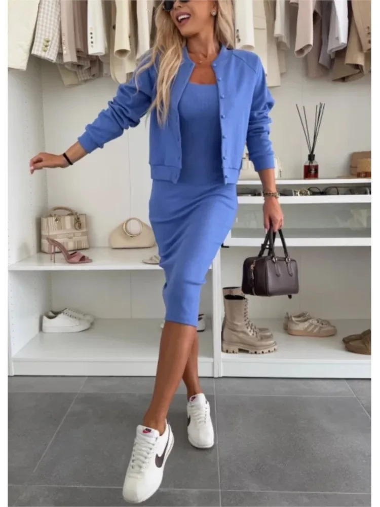 Summer Simple And Comfortable Casual Suspender Dress Set Fashion Cardigan Jacket Top Slim Long Skirt Twopiece 250614
