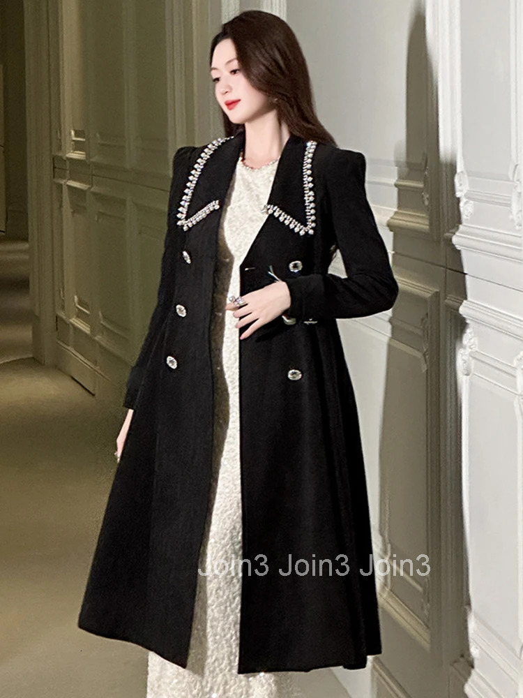 Women Clothes Vintage Black Pearl Double-Breasted A-Line Jacket Coat Formal Elegant Commute Femme Outerwear Long Windbreaker New