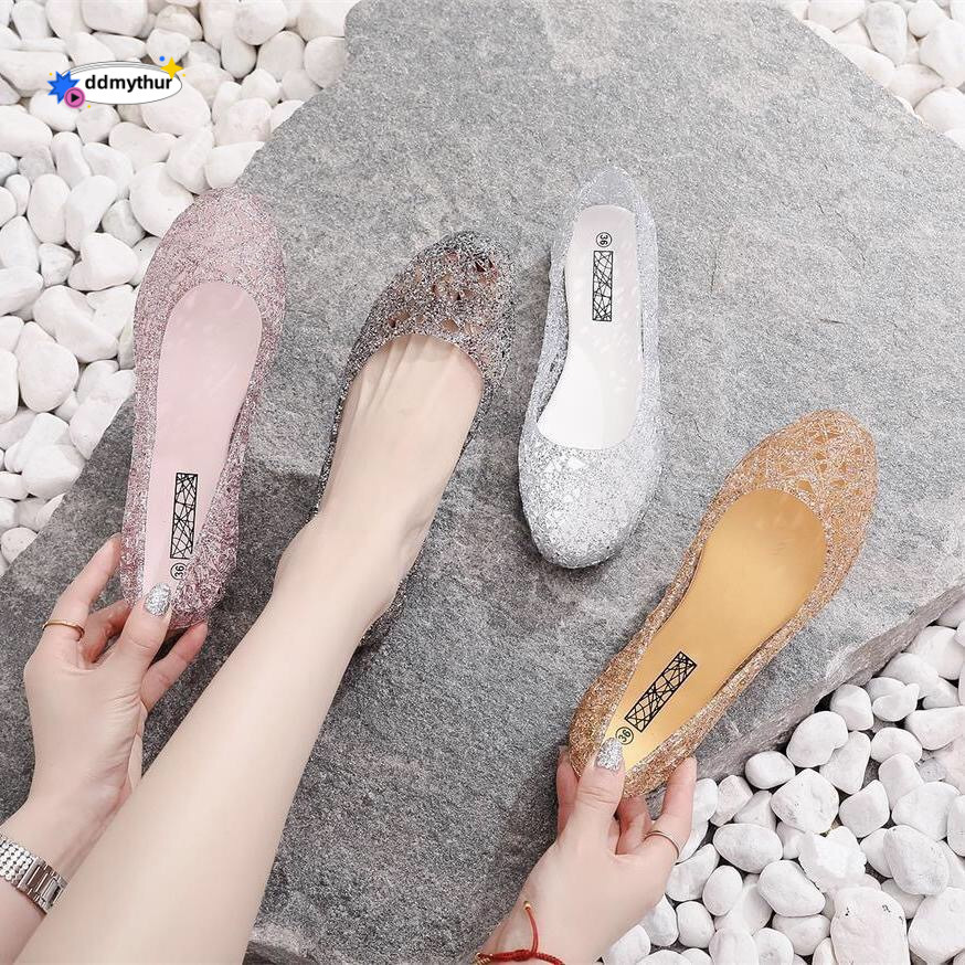 High-end Crystal Versatile Non-slip Closed-toe Sandals Hollow Flat Jelly Women's Shoes Bird's Nest Beach Clogs ddmythur