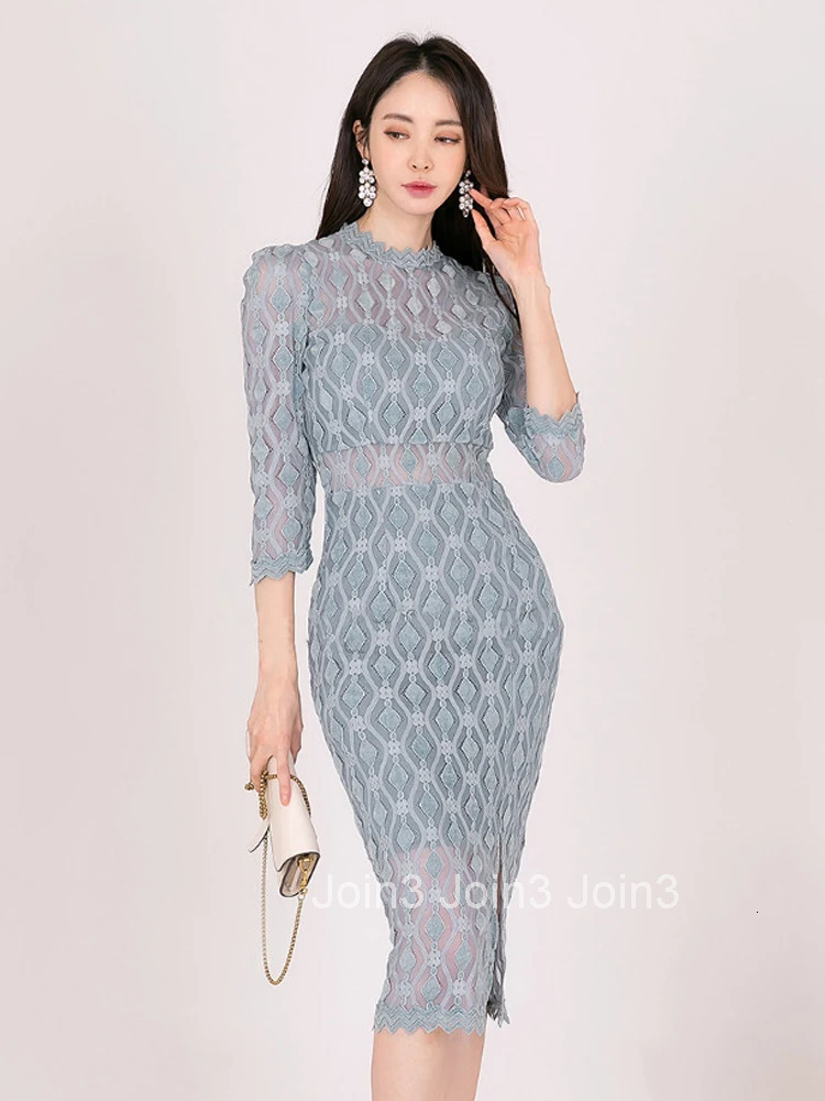 Fashion Lady Y2K Lace Pencil Holiday Dress Women Clothes Mujer Elegant Sheer Sexy Stand Neck Slim Slit Midi Party Prom Vestidos