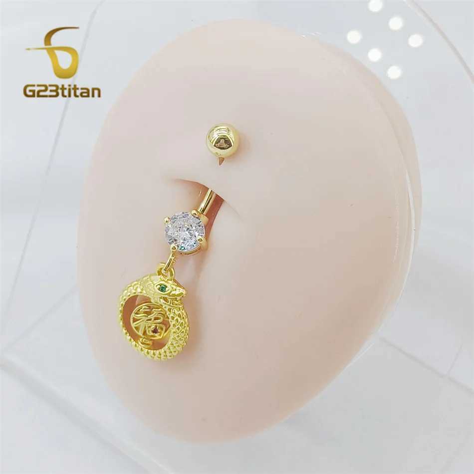 Chinese Lucky Bling Word Pendant Belly Rings G23 Titanium Rod 14G Navel Bar Golden Bo Piercing Male Female Romantic JewelryXJ250623