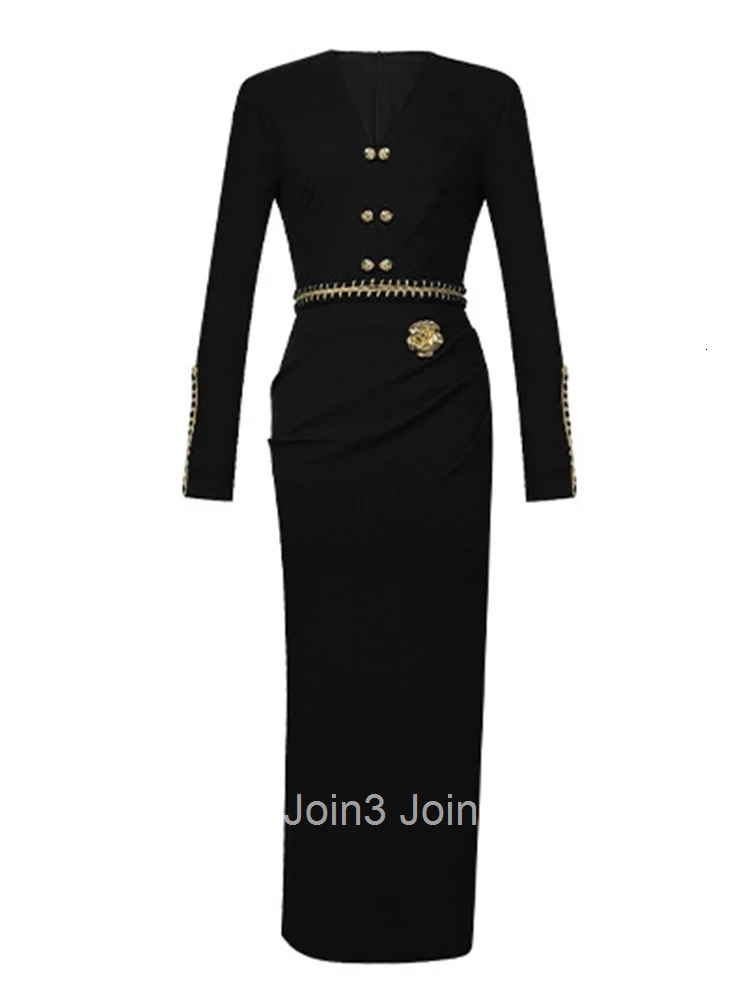 Women Clothes Vintage Black V-Neck Skinny Folds Long Fishtail Dress Elegant Party Vestidos Robe Fashion Autumn Winter Casual New