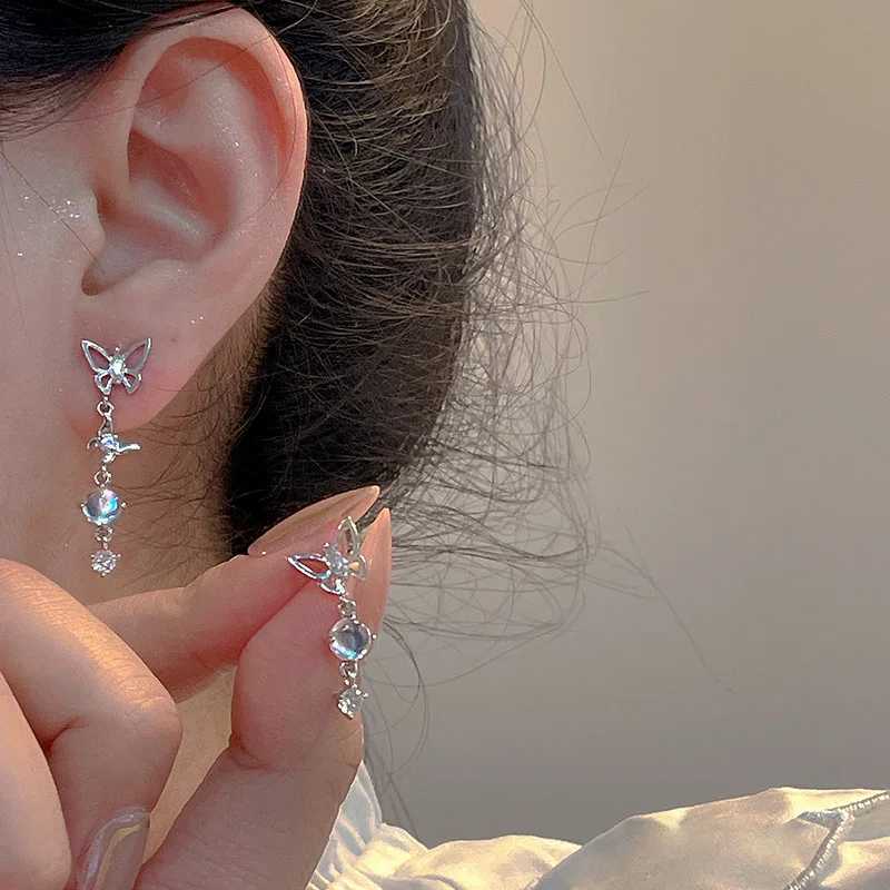 Korean Elegant Cute Rhinestone Butterfly Stud Earrings For Women Fashion Moonstone Tassel Earrings Luxury Elegant Jewelry GiftsXJ250623