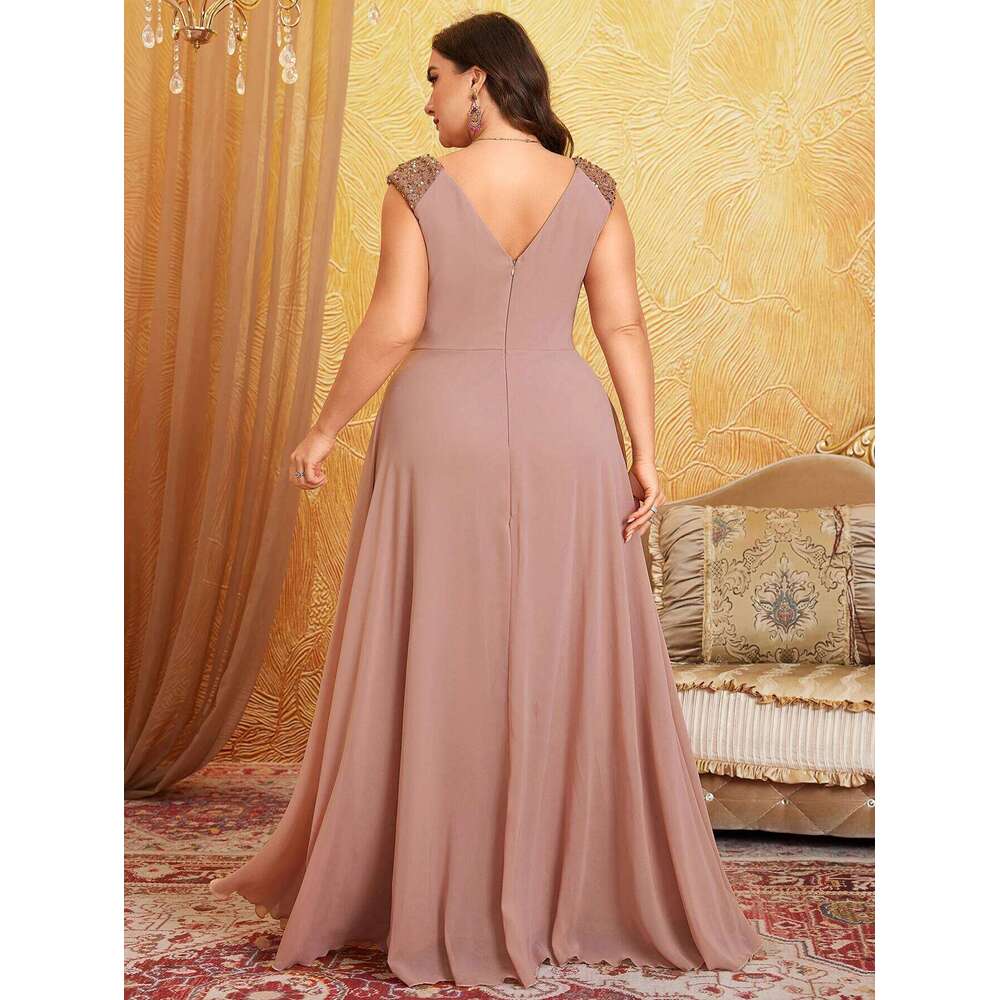 Unithorse Plus Size V-Neck Sleeveless Bust Ruched Sequin Patchwork Chiffon Dress