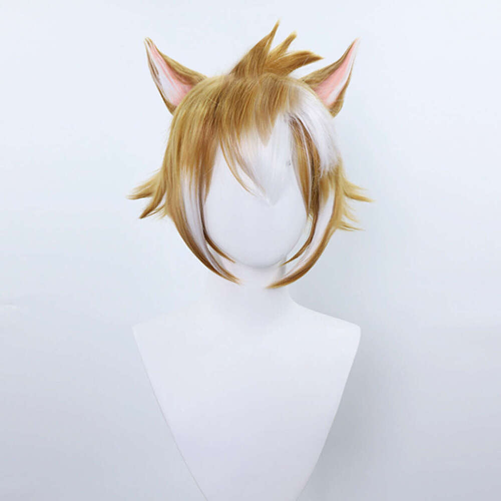 Anime Genshin Impact Gorou Cosplay Brown Mixed White 3D Ears Short Hair Synthetic Wig