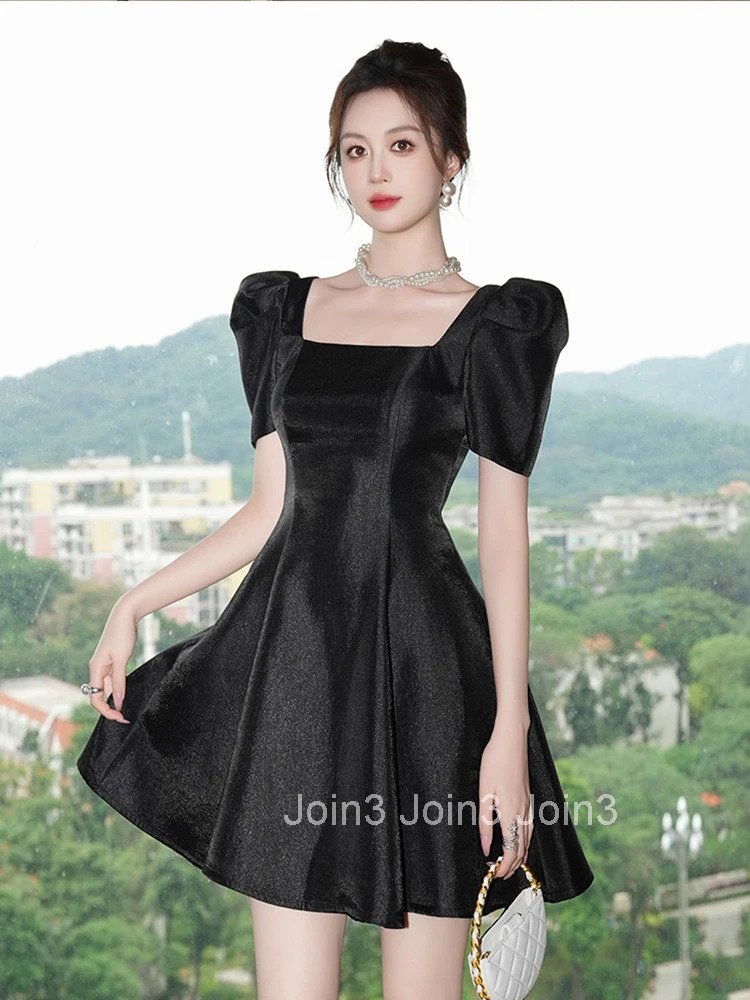 Summer Elegant Black Simple Gown Evening Dress Women Clothes Retro Puff Sleeve Slim A-Line Short Party Club Prom Vestidos Fiesta