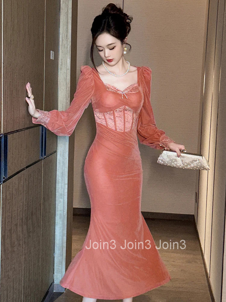 Women Clothes Sweet Velvet Lace Square Neck Slim Midi Fishtail Dress Elegant Party Prom Vestidos Robe Autumn Winter Casual New