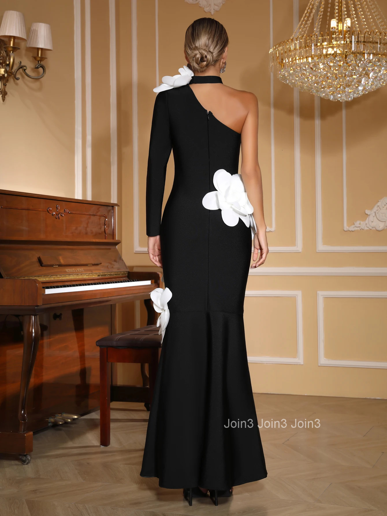 Womens Black A-Line Bandage Fit One Shoulder Mermaid Gown with Three Dimensional Floral Couture Applique Formal Evening Dress