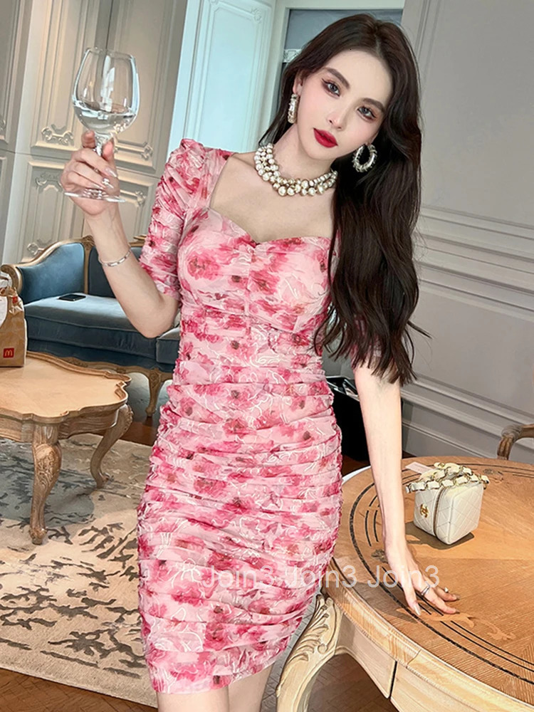 French Elegant Women Evening Dress Mesh Temperament Vintage Sweet Floral Folds Midi Party Beach Street Lady Femme Mujer Vestidos