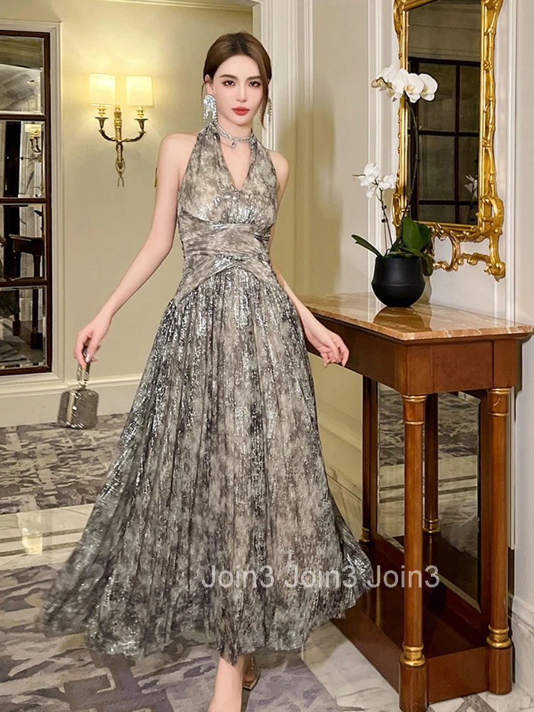 New Summer Fashion Sparkly Silvery Print Evening Dress Women Clothes Elegant Sexy Halter Slim Maxi Party Club Prom Vestidos Robe