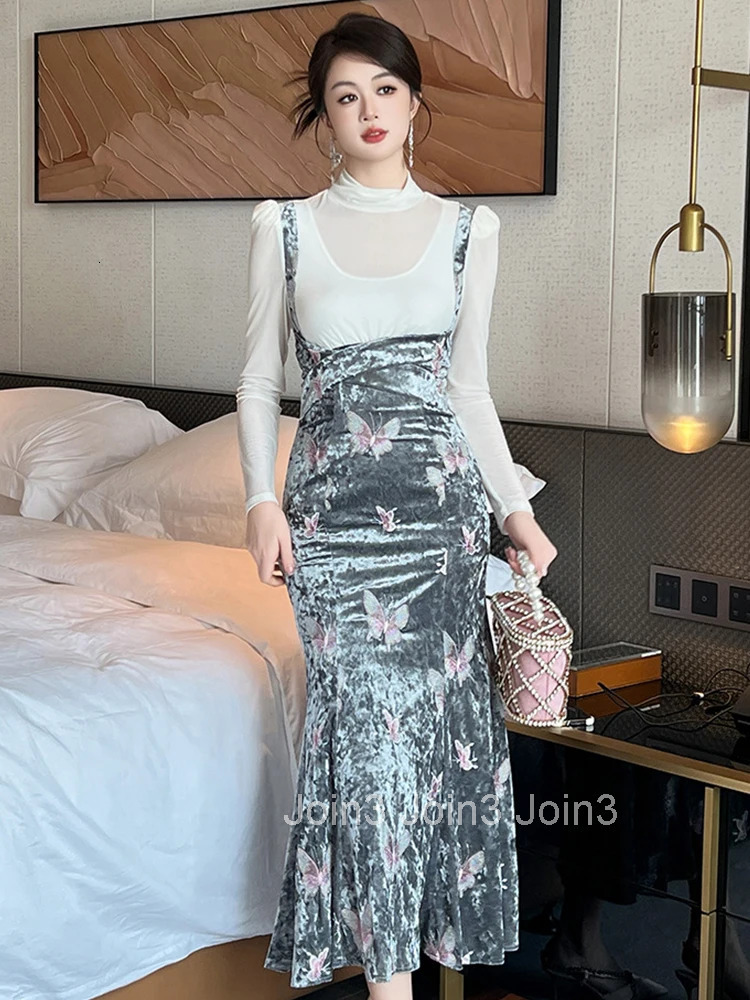 Women Clothes Fake 2-Piece Velvet Embroidery Stand Neck Slim Midi Fishtail Dress Elegant Party Vestido Robe Autumn Winter Casual