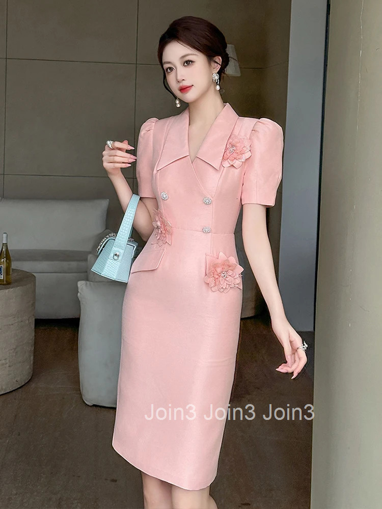 New Elegant Summer Fashion Pink Business Formal Occasion Dress Women Bubble Sleeve Slim Pencil Party Prom Vestido Street Clothes
