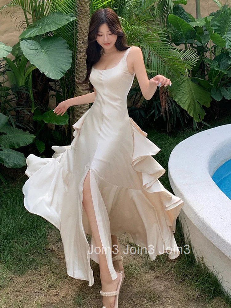 Korean Summer Satin Elegant Women Dress Casual Sexy Tank Backless Ruffle Split Maxi Party Lady Robe Femme Beach Mujer Vestidos