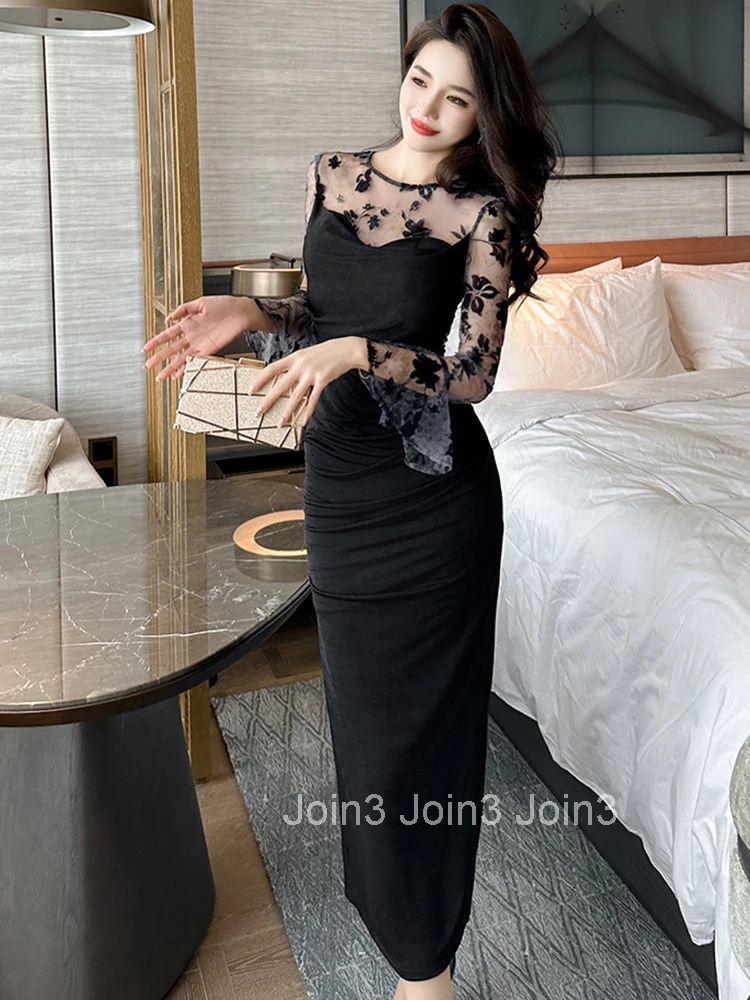 Fashion Ladies Chic Mesh Splic Sheer Sexy Long Prom Dress Women Mujer Elegant O-Neck Skinny Vestidos Robe Femme Stretchy Clothes