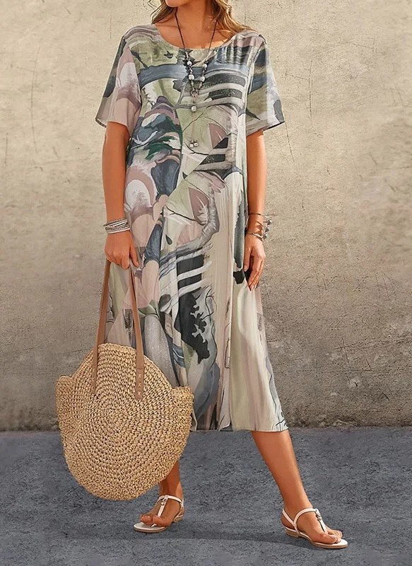 Plus size European and American crossborder summer dress casual short sleeve round neck print loose 250613