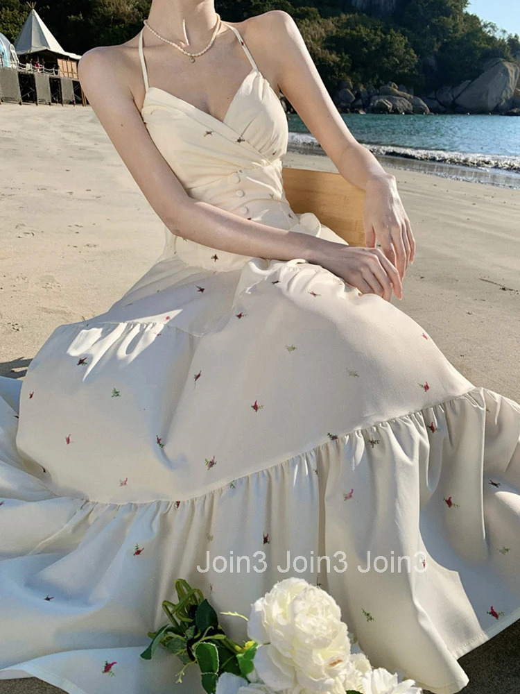 Women Vacation Clothes Sweet Print Sexy Halter Backless A-Line Maxi Long Dress Elegant Fashion Party Prom Vestido Robe Beach New