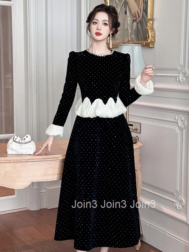 Women Clothes Fake 2-Piece Elegant Luxury Diamonds Black Velvet O-Neck Slim Midi A-Line Dress Fashion Party Prom Vestidos Robe