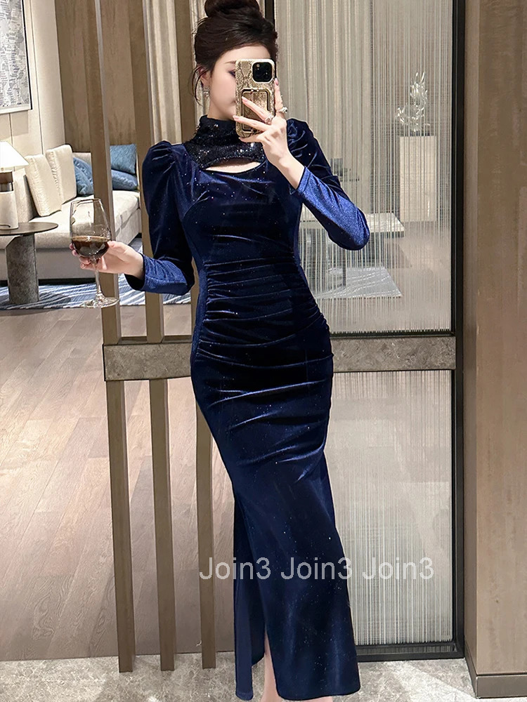 Women Clothes Velvet Shiny Stand Neck Slim Folds Midi Fishtail Dress Elegant Evening Party Vestido Robe Autumn Winter Casual New