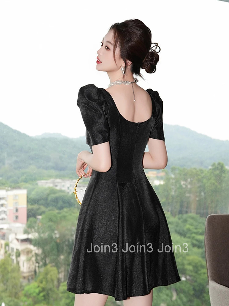 Summer Elegant Black Simple Gown Evening Dress Women Clothes Retro Puff Sleeve Slim A-Line Short Party Club Prom Vestidos Fiesta